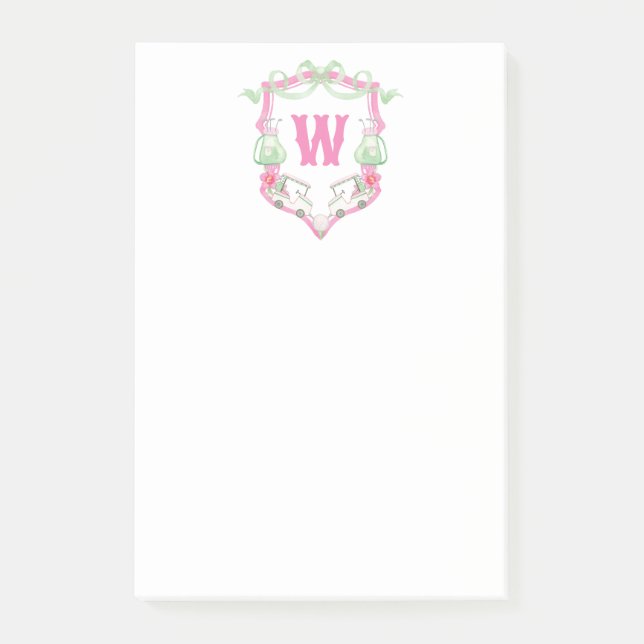 Post-it® Aquarelle Pink & Green Golf Panier Monogram Crest (Devant)