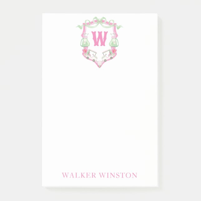 Post-it® Aquarelle Pink & Green Golf Panier Monogram Crest (Devant)