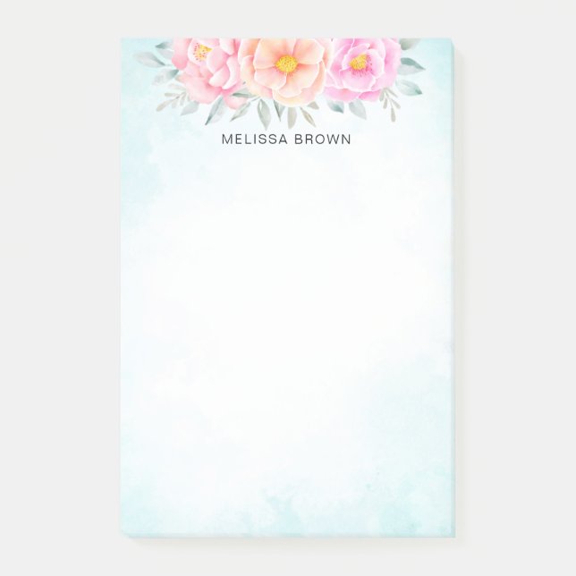 Post-it® Aquarelle pivoines Rose rose Turquoise Floral (Devant)