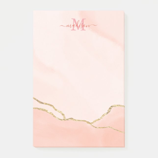 Post-it® Aquarelle rose chic et monogramme or Faux (Devant)