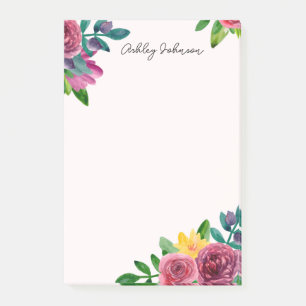 Post-it® Aquarelle rose floral. Fleurs de jardin botanique
