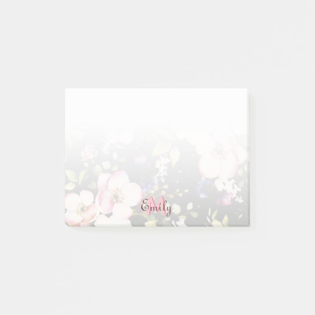 Post-it® Aquarelle rose Roses jaunes sur noir, Monogramme (Devant)