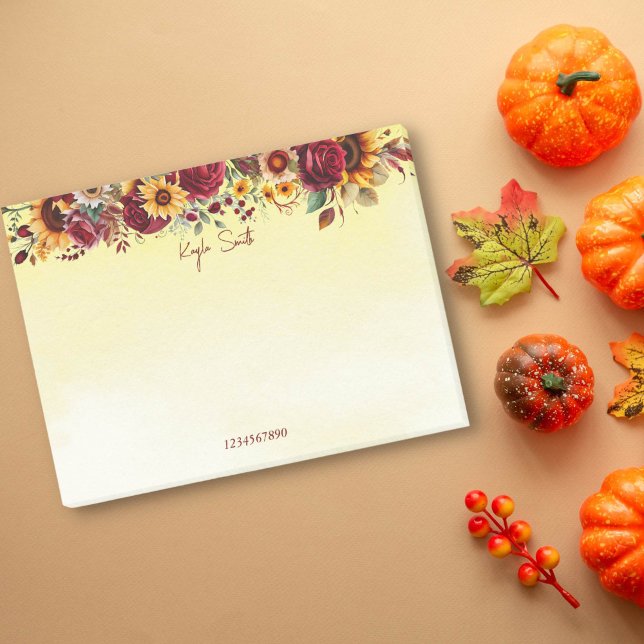 Post-it® Automne automne thème bordeaux tournesols rose (Fall autumn themed post it notes burgundy roses sunflowers ombre yellow watercolor background)