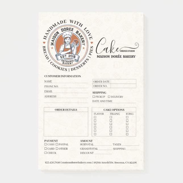 Post-it® Bakery Store Pastry Chef Cake Baker Order Form (Devant)