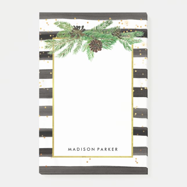 Post-it® Bandes noires et blanches avec cônes d'or et de pi (Devant)