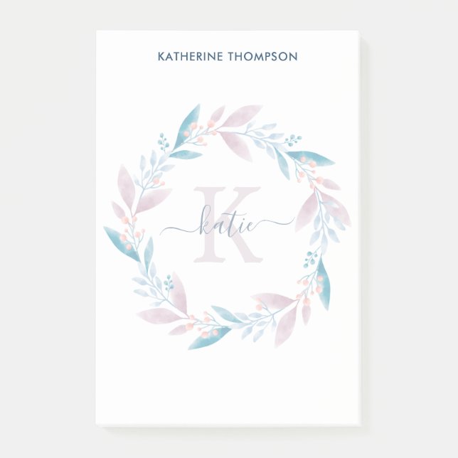 Post-it® Beau Lilac Aquarelle Floral Wreath Monogramme (Devant)