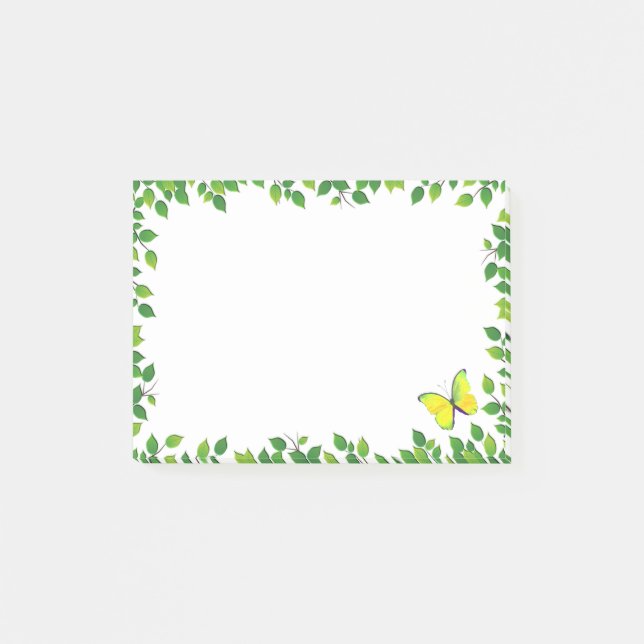 Post-it® Beau Papillon Jaune & Cadre de Feuille Verte (Devant)
