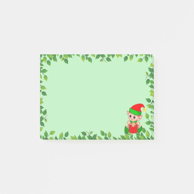 Post-it® Bébé Elfe Mignon & Cadre de Feuille Verte sur Fond (Devant)