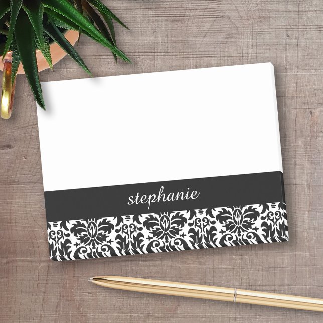 Post-it® Black and White Elegant Damask Ajouter votre nom (Personalized Post-It Notes - add name or other text)