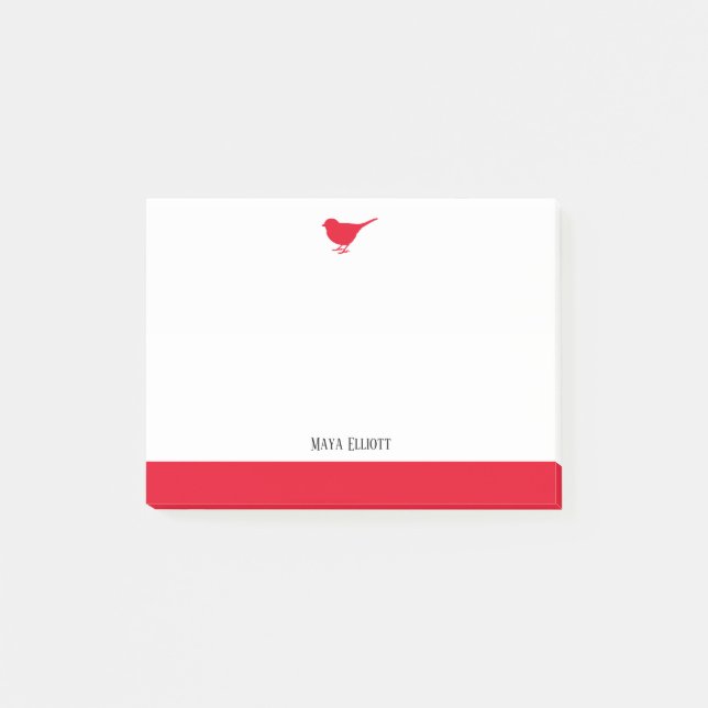 Post-it® Blanc avec Petit Oiseau Rouge & Bordure + Nom (Devant)