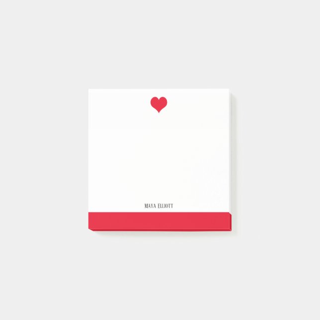 Post-it® Blanc avec un coeur rouge vif et une bordure + nom (Devant)