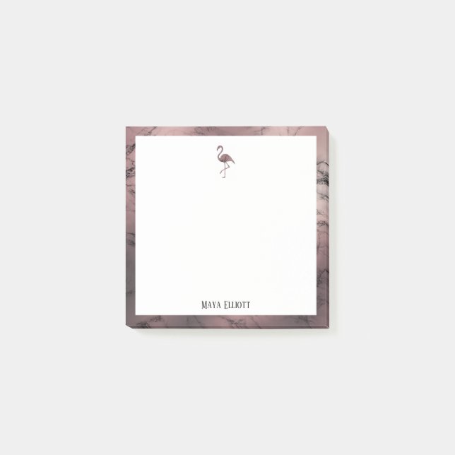 Post-it® Blanc sur marbre or Rose, Flamant rose & bordure,  (Devant)