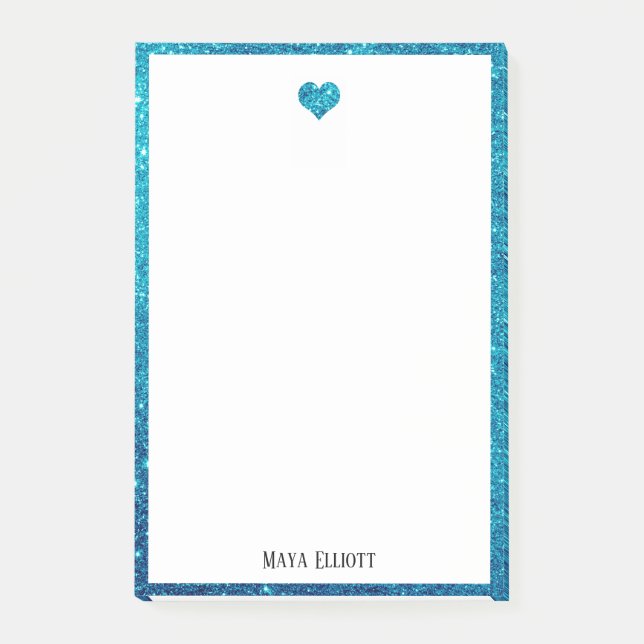 Post-it® Blanc sur sarcelle Faux paillettes Cœur et bordure (Devant)