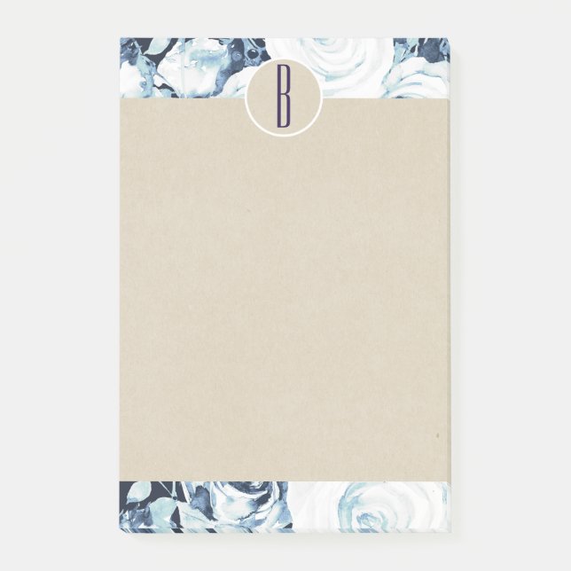 Post-it® Bleu Blanc Hiver Roses Kraft Rustique Monogramme (Devant)