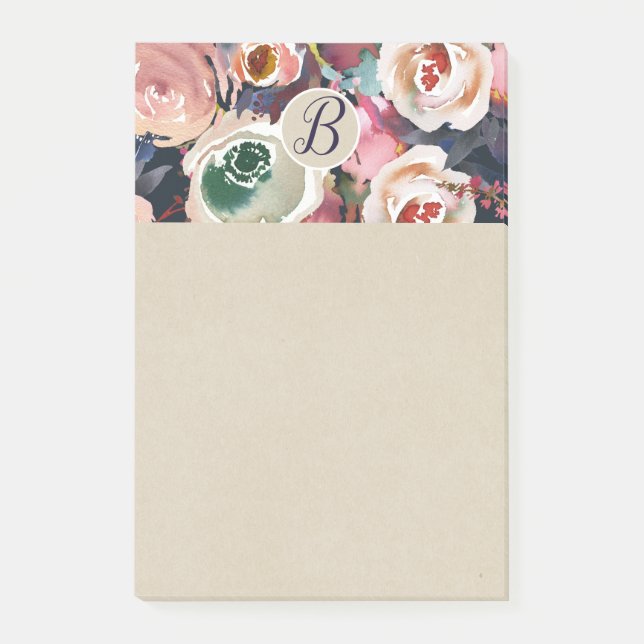 Post-it® Bleu foncé et rose blush aquarelle floral chic (Devant)