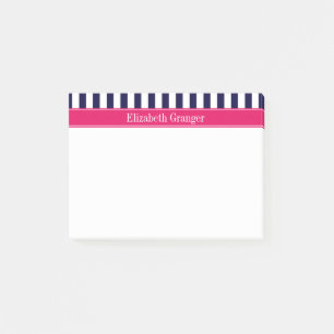 Post-it® Bleu Marine Blanc Rayure Framboise Nom Monogramme