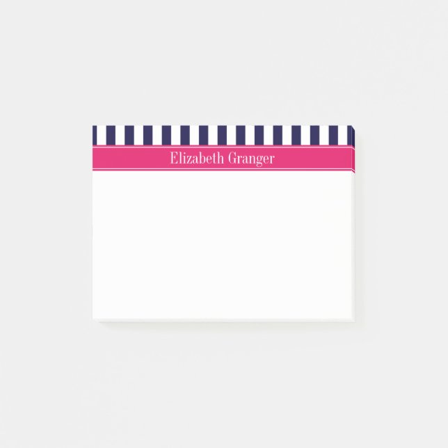 Post-it® Bleu Marine Blanc Rayure Framboise Nom Monogramme (Devant)