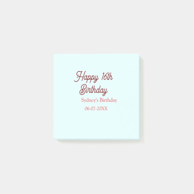 Post-it® Bleu pastel rouge joyeux 16e anniversaire nom date (Devant)