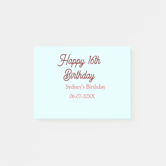 Post-it® Bleu pastel rouge joyeux 16e anniversaire nom date (Devant)