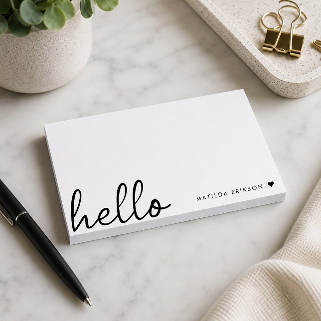 Post-it® Bloc-notes adhésif personnalisé Hello Name minimal (Personalized hello Post-it Notes with custom name for desks, planners, and everyday lists.)