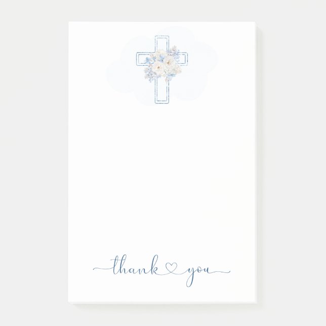 Post-it® Blue Floral Cross Baptism/Christening Thank You  (Devant)
