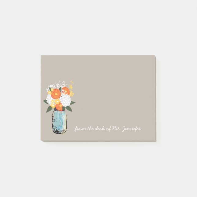 Post-it® Blue Mason Jar Blanc Hydrangeas Orange Daisées (Devant)