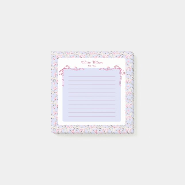 Post-it® Blue Pink Floral Coquette Bow Custom Name (Devant)