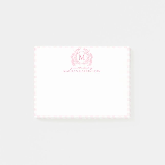 Post-it® Blush Rose Gingham Floral Couronne Monogramme (Devant)