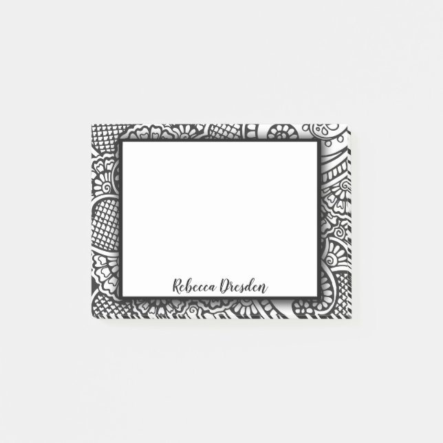 Post-it® Boho Chic noir et blanc Moderne Floral Mandala (Devant)