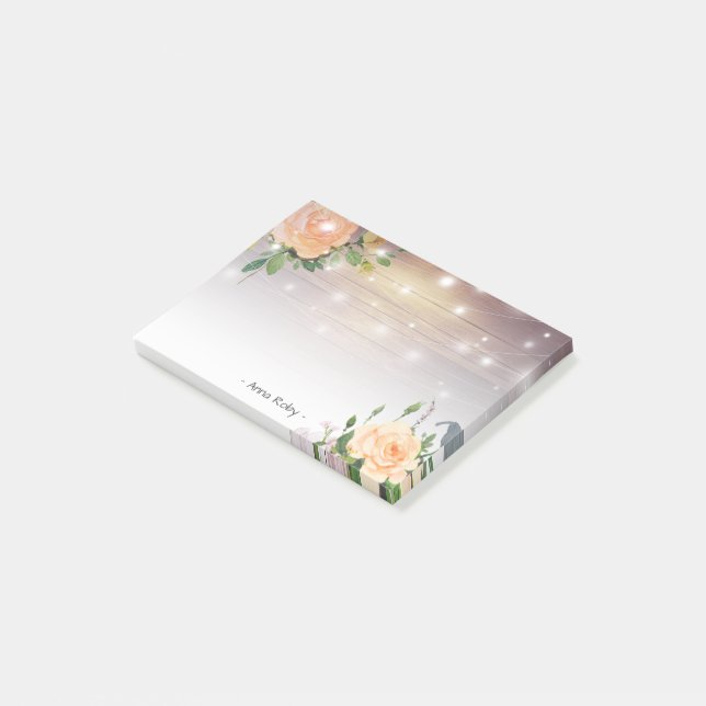 Post-it® Bois rustique Élégant Rose blanche Rose Floral Str (Incliné)