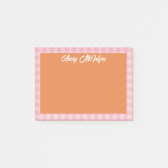 Post-it® Bordure Gingham Rose Orange Nom En Écriture Cool (Devant)