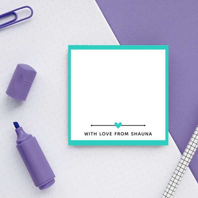 Post-it® Bordure Turquoise & Coeur Avec Amour Du Nom (Créateur téléchargé)