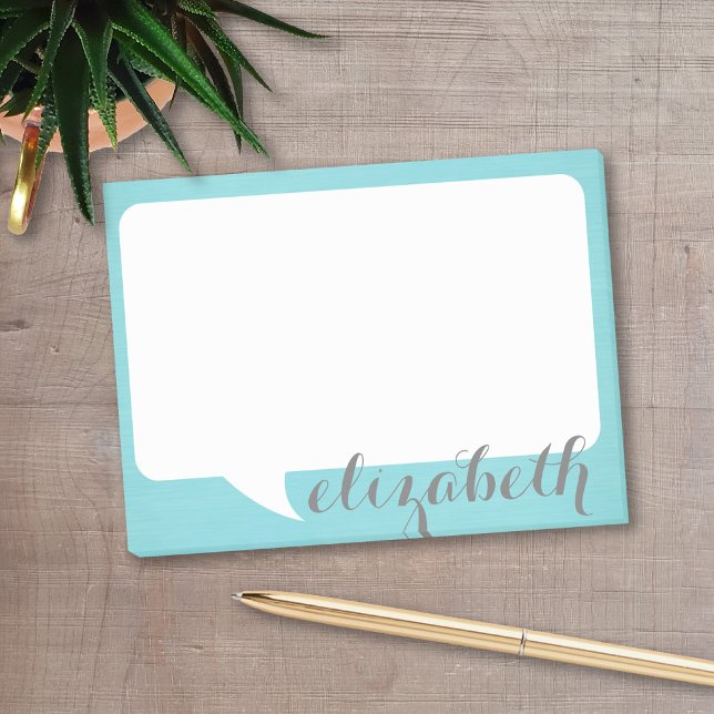 Post-it® Bulle de discussion turquoise et blanche avec nom  (Personalized post-it notes with a monogram and contact information - low quantity available)