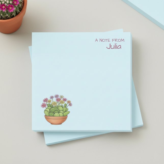 Post-it® Cactus Flower Pot with Name Sticky Notes (Cute blue personalized post-it notes decorated with an illustration of a pot of cactii with flowers.)