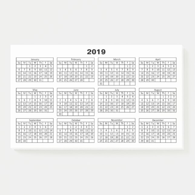 Post-it® Calendrier 2019 noir sur fond blanc (Devant)