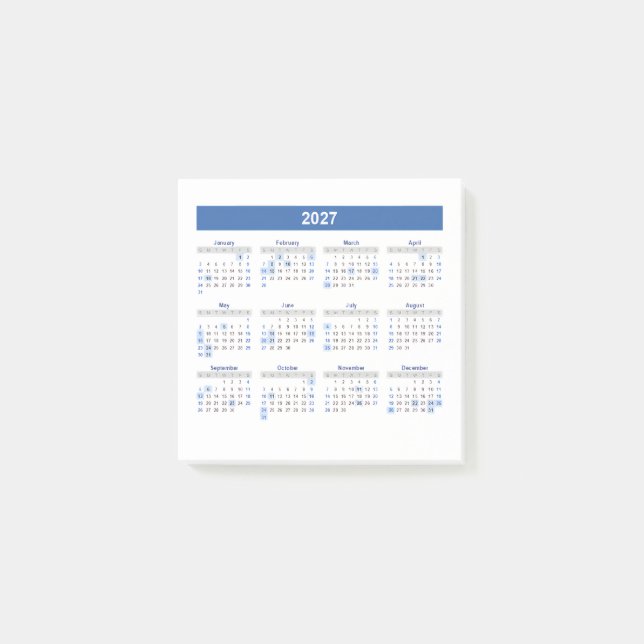 Post-it® Calendrier mensuel 2027 version bleue (Devant)