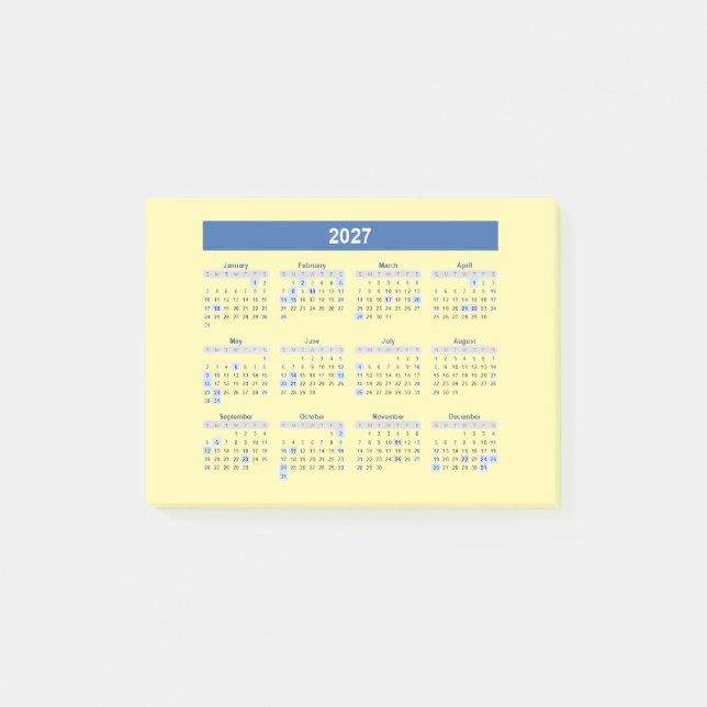 Post-it® Calendrier mensuel 2027 version bleue (Devant)