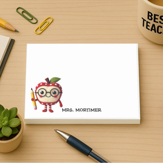 Post-it® Caractère pomme rouge mignon avec professeur de cr (personalized 4x3 stiicy notepad. Cute Apple character holding a pencil personalize with a name)