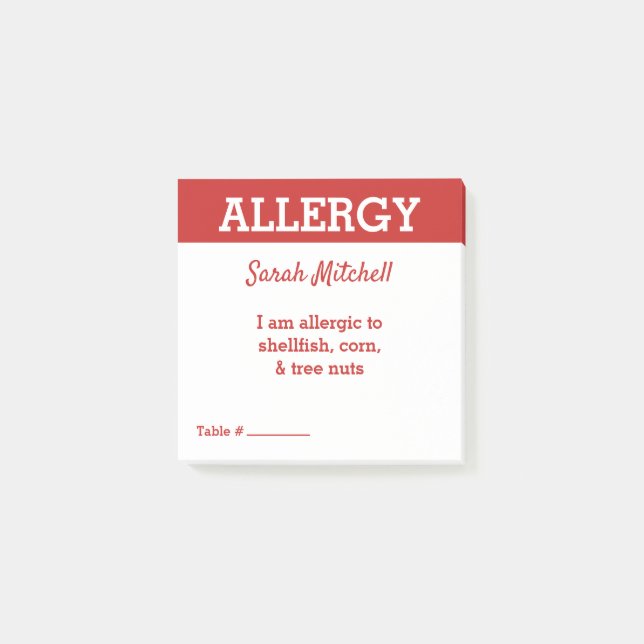 Post-it® Carte d'alerte d'allergie alimentaire pour serveur (Devant)