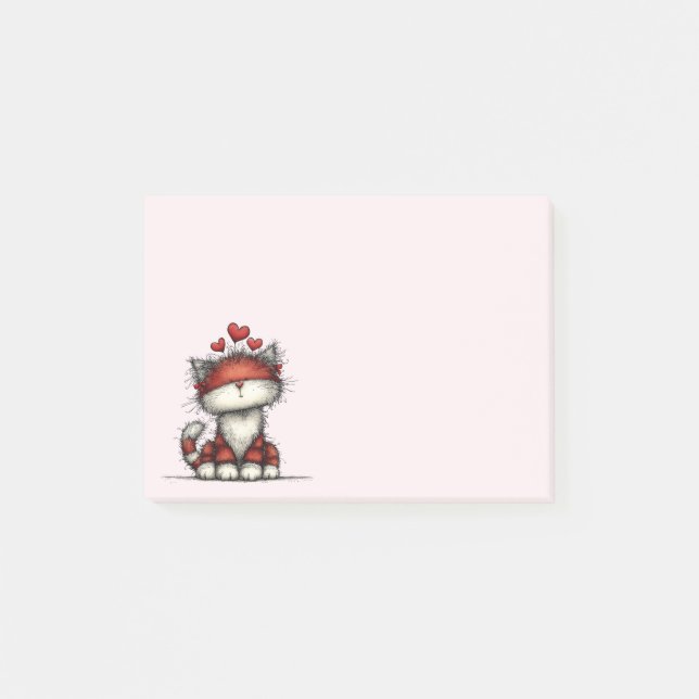 Post-it® Chat avec des cœurs d'amour rouges mignon et drôle (Devant)