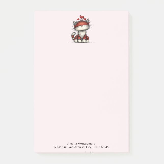 Post-it® Chat avec des cœurs d'amour rouges mignon et drôle (Devant)