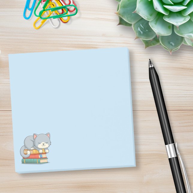Post-it® Chat heureux sur une pile de livres bleus (Créateur téléchargé)