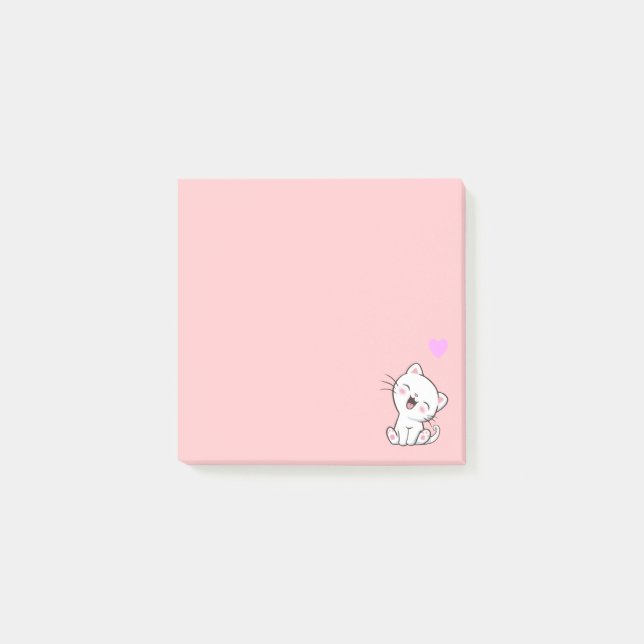 Post-it® Chat mignon et cœur sur fond rose (Devant)