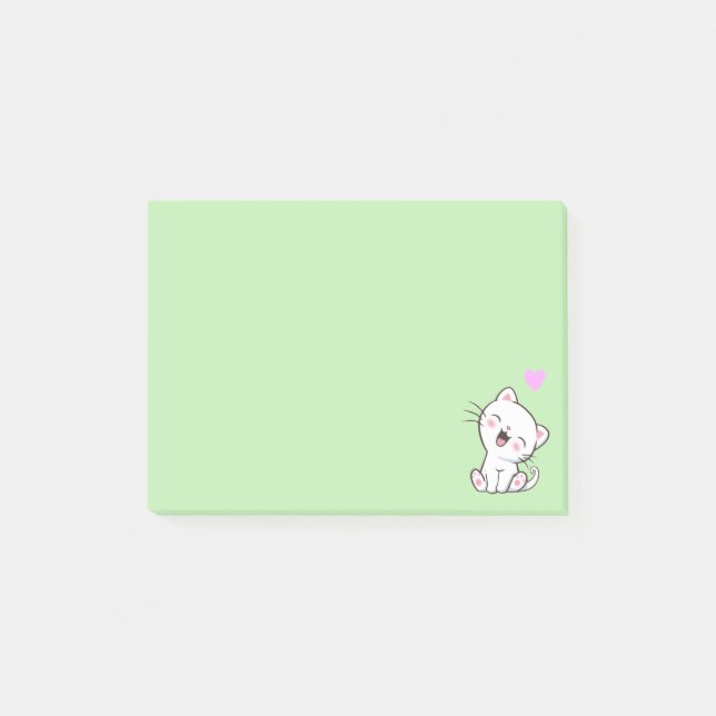 Post-it® Chat mignon et cœur sur fond vert clair (Devant)