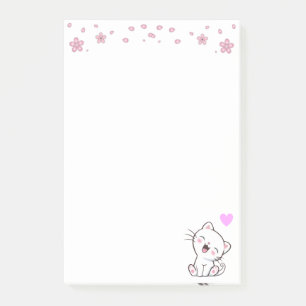 Post-it® Chat mignon et fleurs sur fond blanc