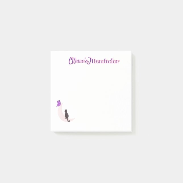 Post-it® Chat mignon Kawaii sur la Lune avec papillon viole (Devant)