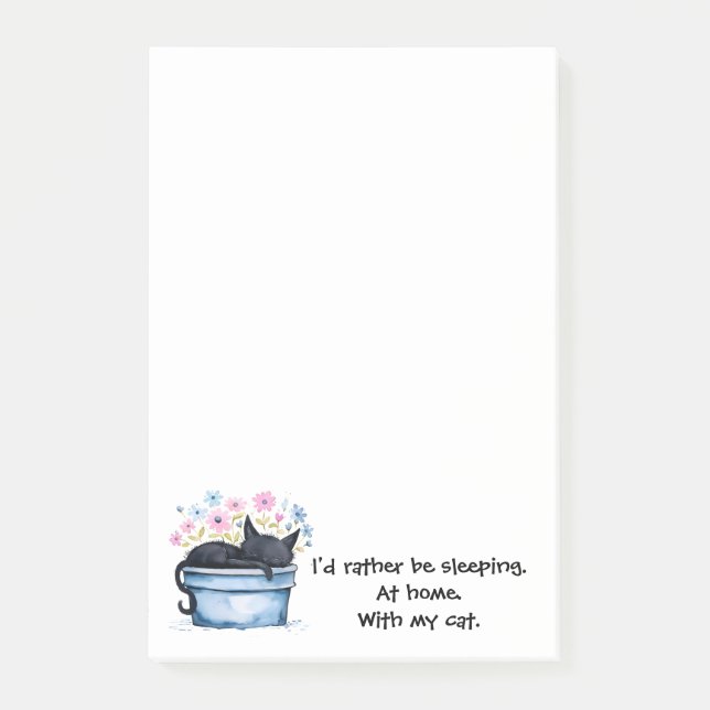 Post-it® Chat noir avec des fleurs j'aimerais mieux dormir (Devant)