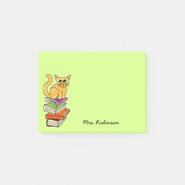 Post-it® Chat sur la pile de livres Nom de l'enseignant Ver (Devant)
