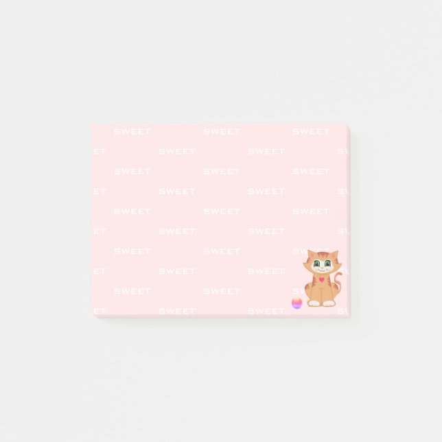 Post-it® Chaton Tabby Rousse Dessin Animé sur Fond Rose (Devant)