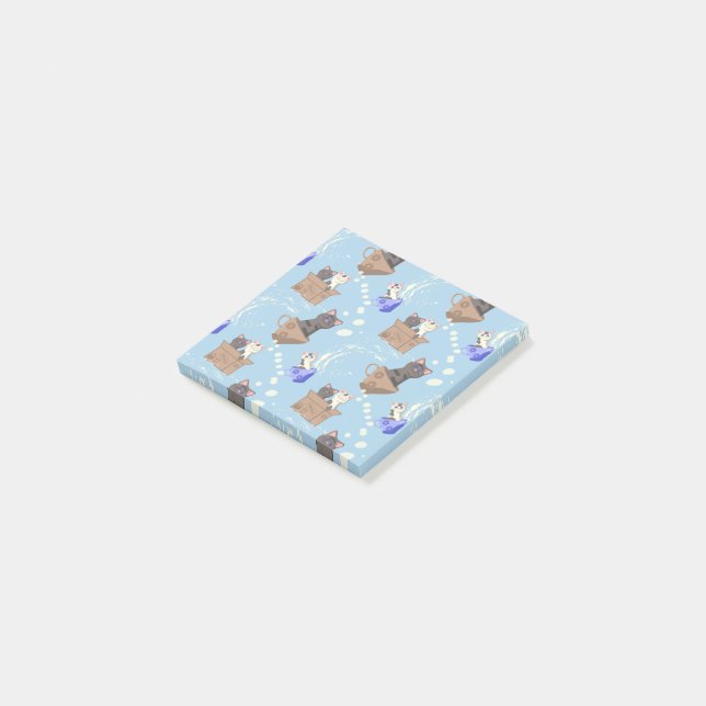 Post-it® Chats en boîte et gouttes de lait sur bleu (Incliné)